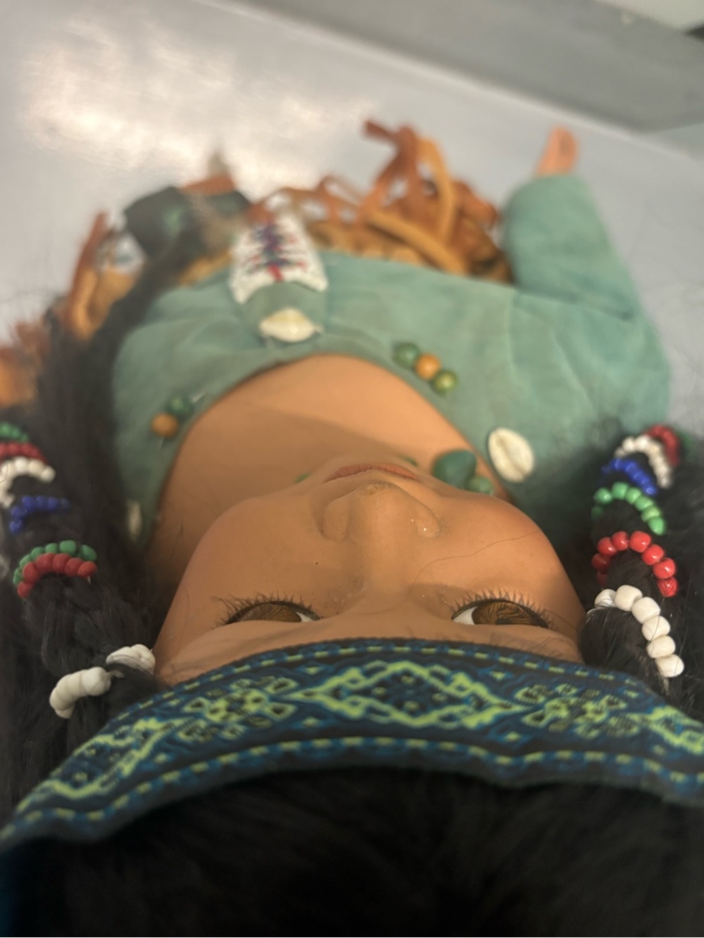 Native Style Collectible Doll with Teal Top and Tan Fringe Skirt - Picture 16 of 16